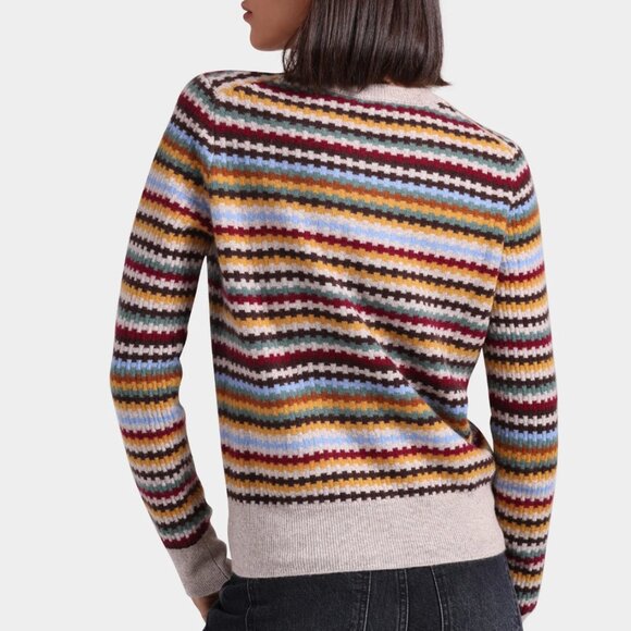 Minnie Rose Cashmere Textured Striped Crew Neck Sweater M NWT $426 - Picture 2 of 5
